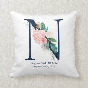 Coussin de monogramme du Mariage floral bleu de la