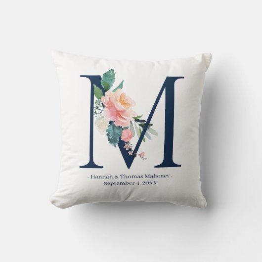 Coussin de monogramme du Mariage floral bleu de la (Recto)