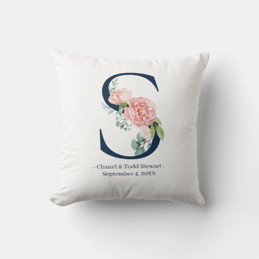 Coussin de monogramme du Mariage floral bleu de la (Recto)