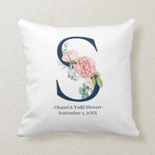 Coussin de monogramme du Mariage floral bleu de la