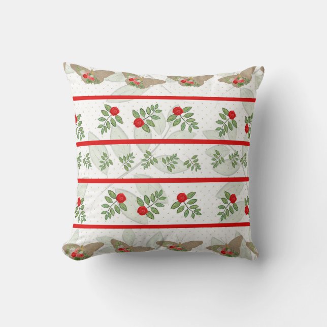 Coussin de Noël avec papillon rouge, vert, beige (Recto)