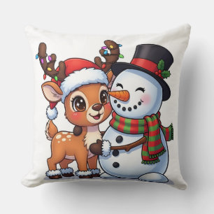 Coussin de Noël avec Renne et Bonhomme de Neige Mi