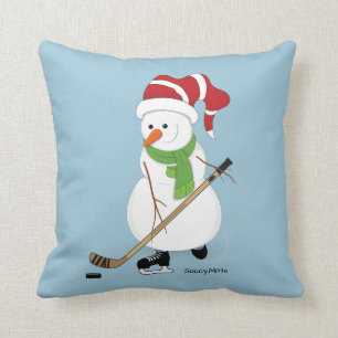 Coussin de Noël de bonhomme de neige d'hockey