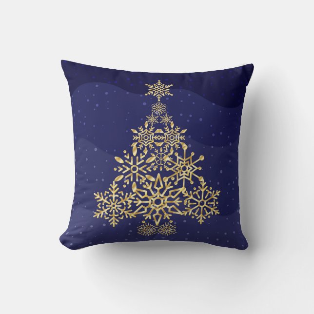 Coussin de Noël de l'Arbre à neige bleu et or (Recto)
