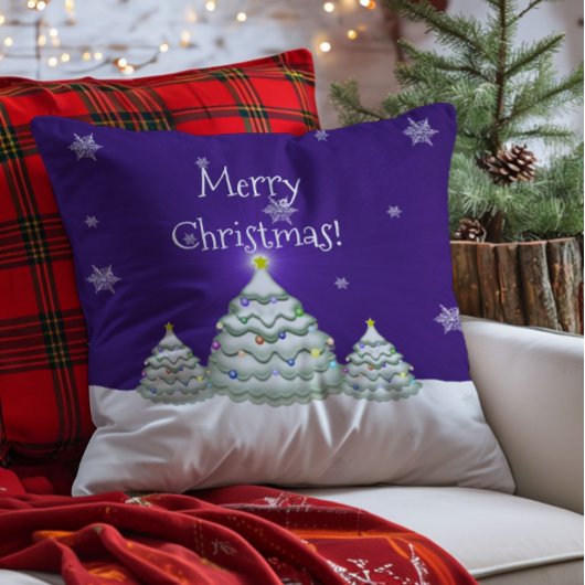 Coussin de Noël en forme de sapin enneigé violet