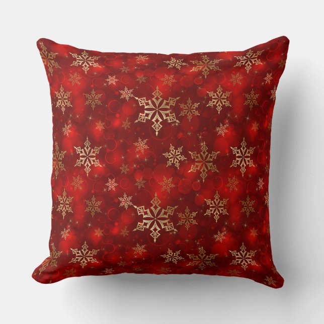 Coussin de Noël - Flocons de neige rouges et or (Recto)