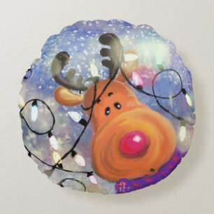 Coussin de Noël rond avec Rindeer heureux