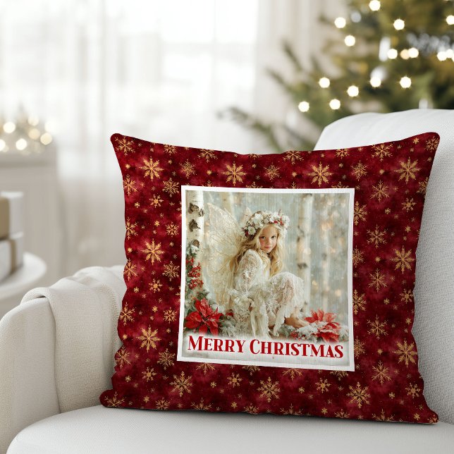 Coussin de Noël Rouge Or Ange Charmant Cadeau (Charming Cozy Angel Red Gold Christmas Pillow Gift)