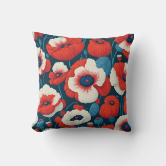 Coussin de pavots rouges, blancs et bleus