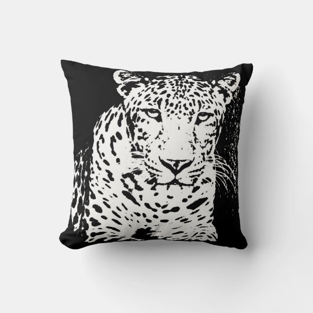 Coussin de portrait noir et blanc léopard (Recto)