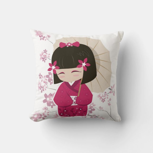 Coussin de poupée rose Kokeshi - Arrière - plan bl (Recto)