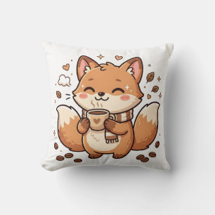 Coussin de renard mignon buvant du café
