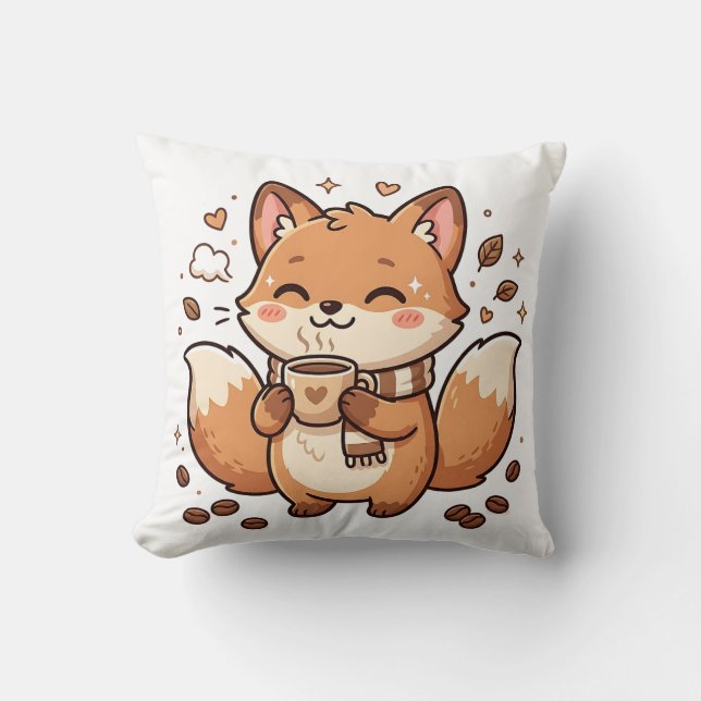 Coussin de renard mignon buvant du café (Recto)