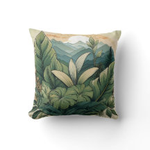 Coussin de scène de montagne botanique avec feuill