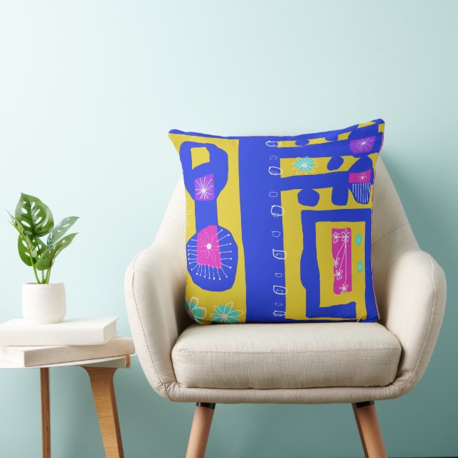 Coussin Décal floral Ethnic Print Blue Mustard White (Chaise)