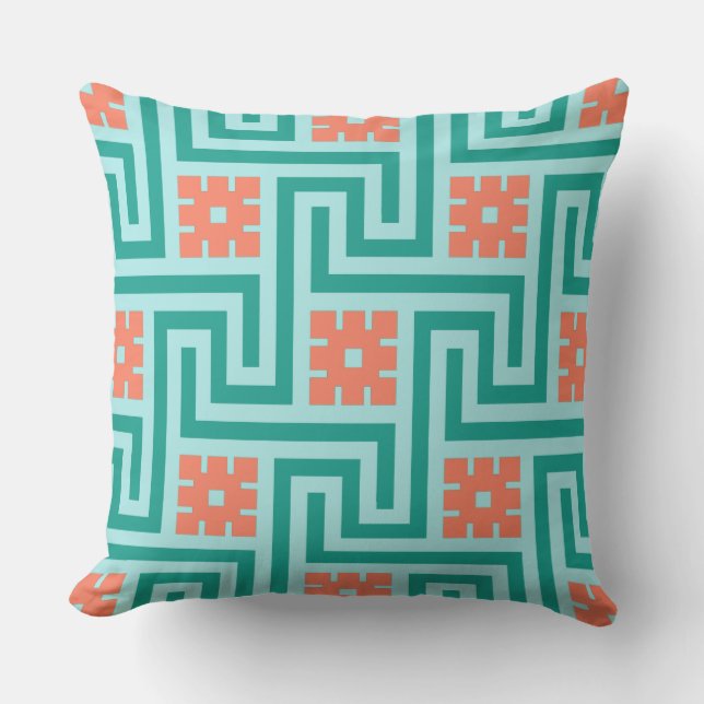 Coussin Déco clé grecque, turquoise, aqua et corail (Recto)