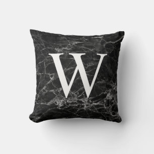 Coussin Déco de maison à monogramme initial en marbre noir