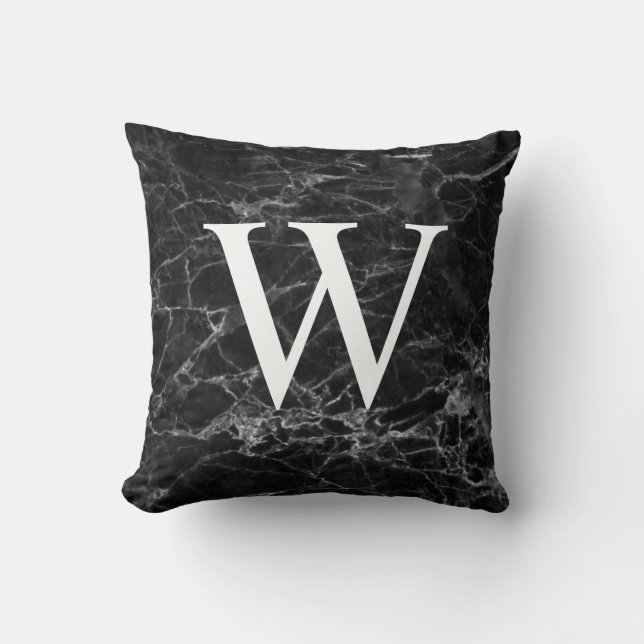 Coussin Déco de maison à monogramme initial en marbre noir (Recto)