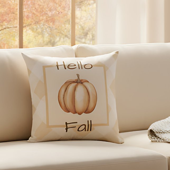 Coussin Décor de maison rustique de citrouille d'automne d (Autumn pumpkin pillow on a cozy living room sofa.)