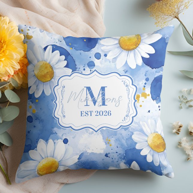 Coussin Décor de monogramme de marguerite à l'aquarelle bl (Créateur téléchargé)