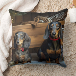 Coussin Décor de Noël Dachshund Snowy Sleigh
