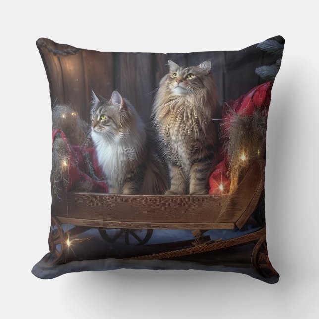 Coussin Décor de Noël du Maine Coon Snowy Sleigh (Recto)