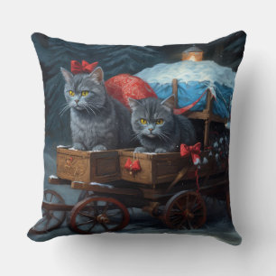 Coussin Décor de Noël Oriental Blue Cat Snowy Sleigh