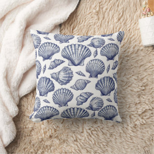 Coussin Décor de plage de coquillages bleu et blanc