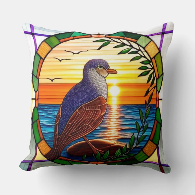 Coussin 🌅 Décor de vitrail oiseau coucher de soleil océan (Recto)