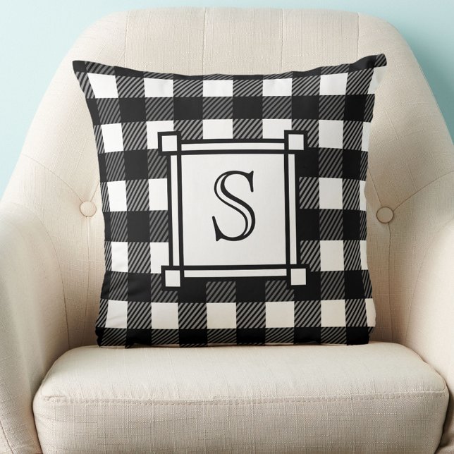 Coussin Décor d'hiver Plaid Buffalo Blanc Monogramme Perso (Créateur téléchargé)