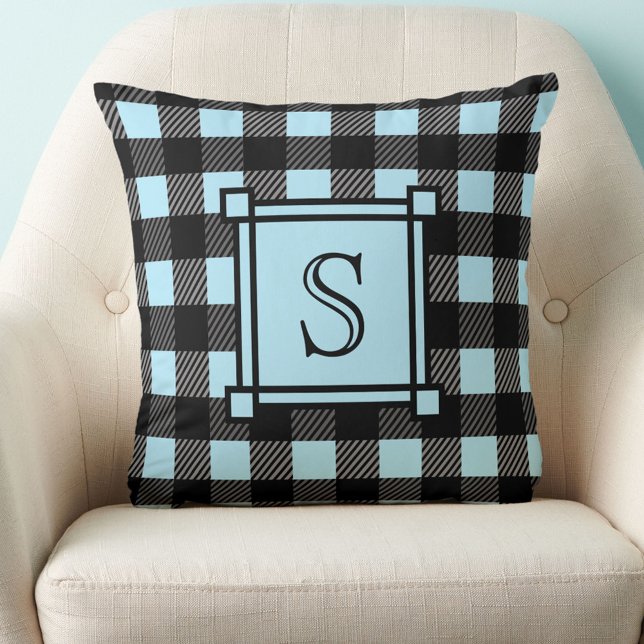 Coussin Décor d'hiver Plaid Buffalo bleu Monogramme person (Créateur téléchargé)