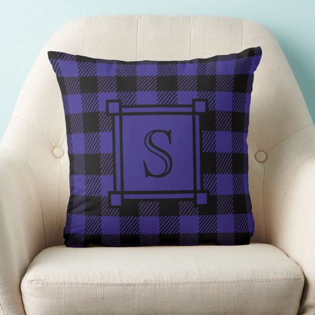 Coussin Décor d'hiver Plaid Buffle Bleu Monogramme Personn (Créateur téléchargé)