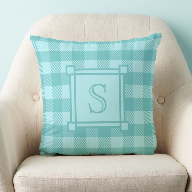 Coussin Décor d'hiver Plaid de Buffalo sarcelle Monogramme (Créateur téléchargé)
