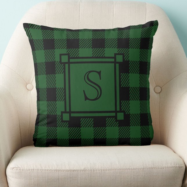 Coussin Décor d'hiver Plaid de Buffalo vert Monogramme per (Créateur téléchargé)