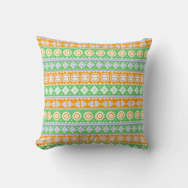 Coussin Décor ethnique motif vert orange (Recto)