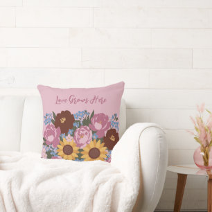 Coussin Décor floral - L'amour grandit ici - Pivoines tour