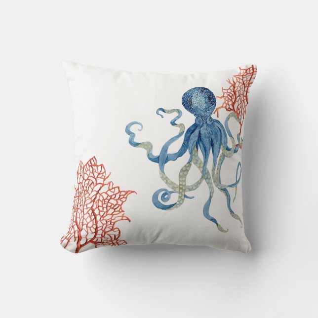 Coussin Décor Plage Rouge Ventilateur Corail Bleu Octopus  (Recto)