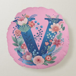 Coussin décoratif à monogramme lettre V floral pou