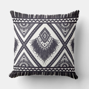 Coussin décoratif à motif bohème blanc et marine