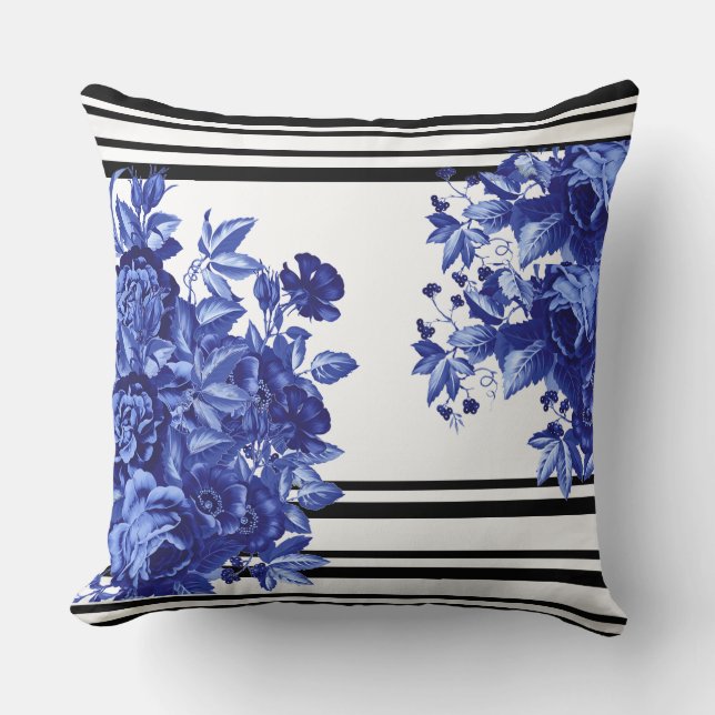 Coussin décoratif à rayures florales bleu (Recto)