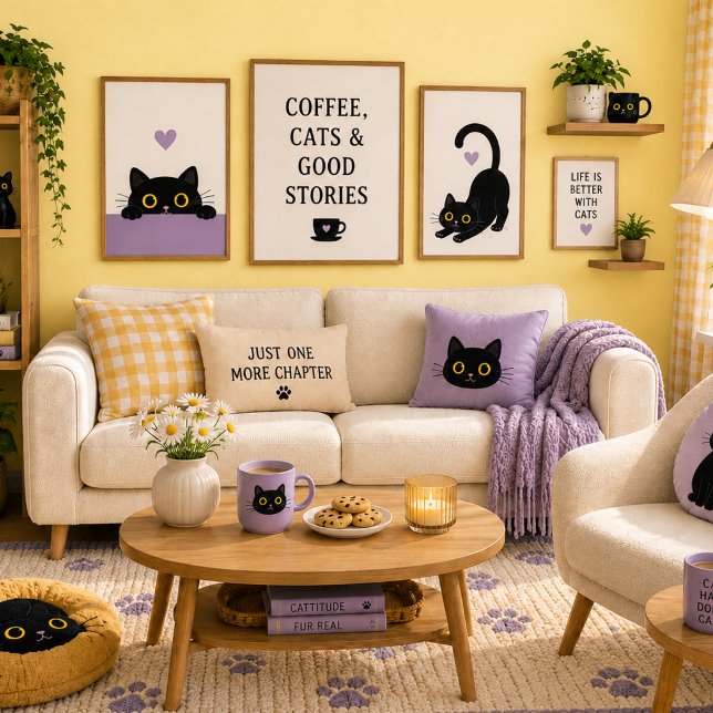 Coussin décoratif au visage de chat noir mignon –  (Cat Cafe Inspired Decor)