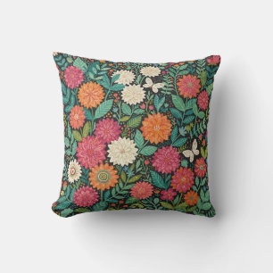 Coussin décoratif aux dahlias et papillons colorés