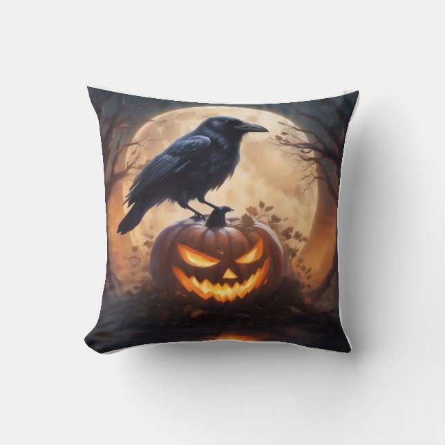 Coussin décoratif avec corbeau sur citrouille de H (Recto)