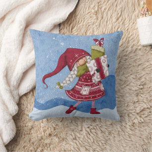 Coussin décoratif avec lutin de Noël et cadeaux
