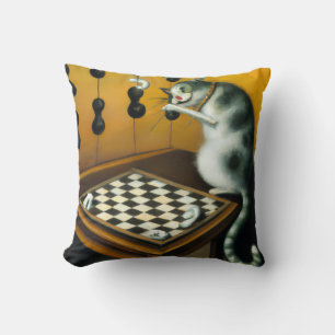 COUSSIN DÉCORATIF CHAT ANCIEN JOUANT AUX ÉCHECS