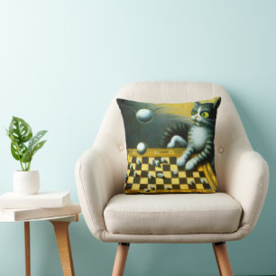COUSSIN DÉCORATIF CHAT ANCIEN JOUANT AUX ÉCHECS