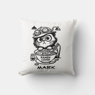 Coussin décoratif chat Steampunk Grumpy Ramen Drôl
