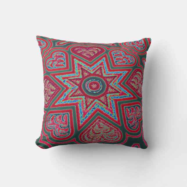 Coussin décoratif coeurs d'art populaire rouge (Recto)