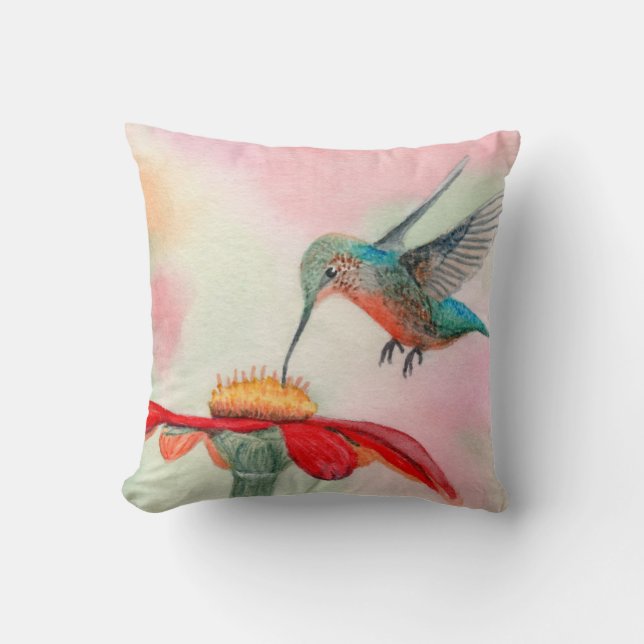 Coussin décoratif colibri art à l'aquarelle (Recto)