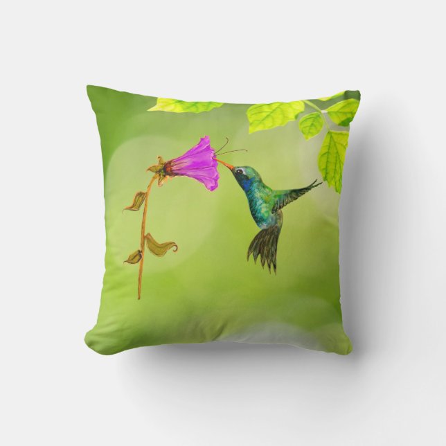 Coussin décoratif Colibri vert et Fleur (Recto)
